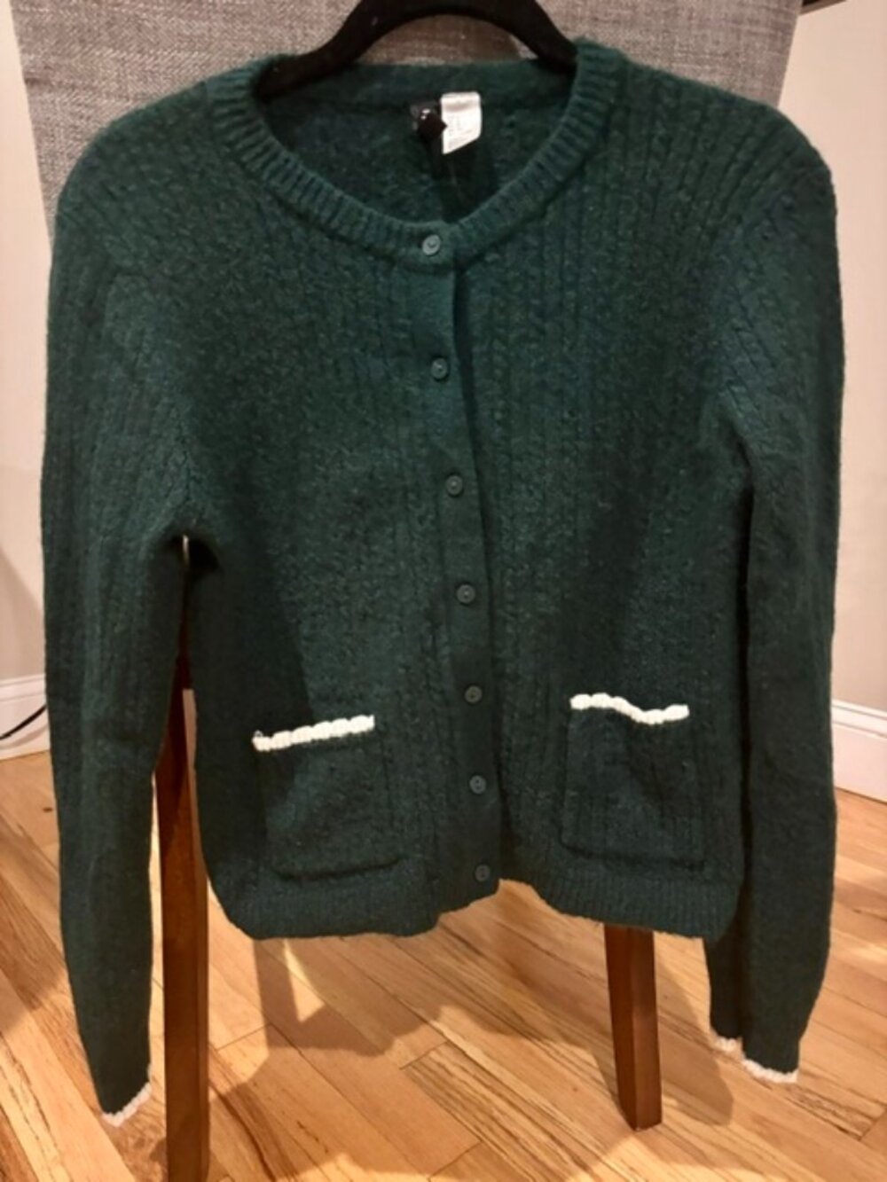 Dark Green Cardigan with White Detailing